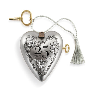 Heart-shaped silver ornament with '25 years' engraving