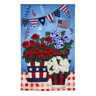 Patriotic Flower House Flag	Patriotic flower house flag – outdoor flag with bold red, white, and blue floral design