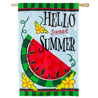 Hello Sweet Summer Applique House Flag	Hello Sweet Summer applique house flag – flag with watermelon, lemonade, and star motifs