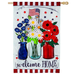 Patriotic Floral Applique House Flag	Patriotic floral applique house flag – stitched flag with layered flowers and Americana colors
