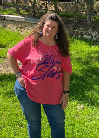 Seeing Stars Red Tee	Seeing Stars red tee – patriotic graphic tee with blue and white star print on red base