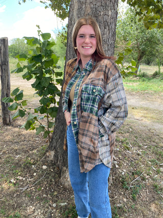 Mixed Plaid Button Front Top