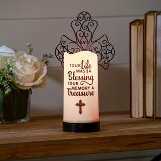 Decorative candle with cross design Your Life was a blessing your memory a treasure