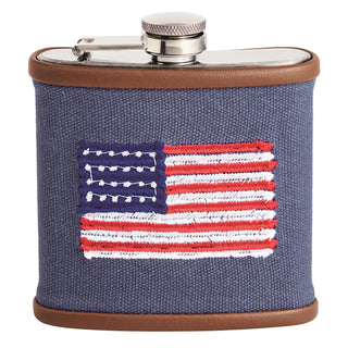 Flask with American flag design on a blue background