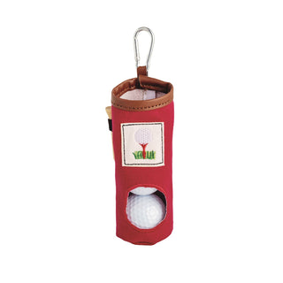 Red golf ball holder with a golf ball and carabiner