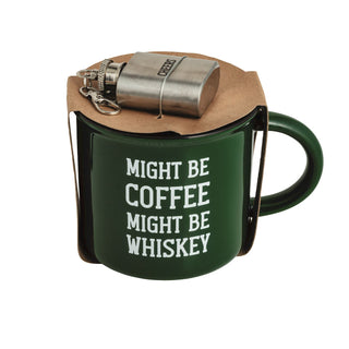 Green mug with 'Might be coffee, might be whiskey' text, lighter, and wooden coaster