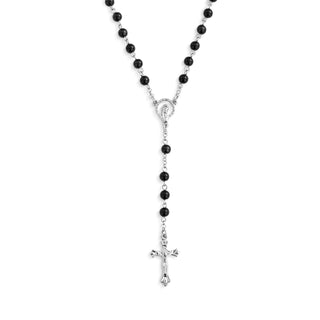 Black beaded rosary necklace with a silver cross