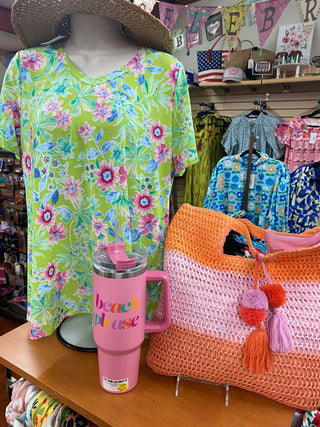 Sunny Days Floral Lime Top	Lime green floral top for women – Sunny Days tropical print with pink, orange, and purple flowers