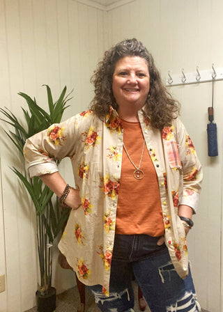 Floral Karen Button Down Top	Floral Karen button down top – long sleeve blouse with fall floral print and collared neckline