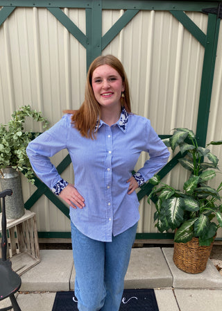 Striped Michael Top	Striped Michael top – colorful stripe button down blouse with collared neckline and long sleeves