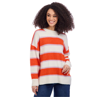 Oversized sweater with orange, white, and lavender stripes.