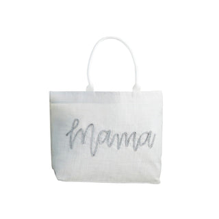 White 'Mama' tote bag with clean design and sturdy handles, great for everyday use.