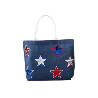 4th Of July Sparkle Tote Navy	4th of July sparkle tote in navy – navy blue sparkle bag with stars, stripes, and rope handles