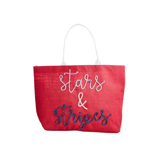 4th Of July Sparkle Tote Red	4th of July sparkle tote in red – glittery red tote bag with patriotic embellishments and rope handles