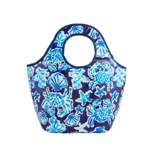 Beach Cooler Tote Blue	Blue beach cooler tote – tropical print insulated tote with handles for summer outings and picnics