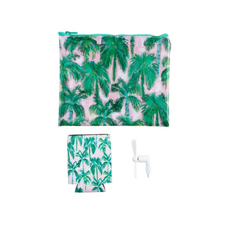 Beach Case Set Green	Green beach case set – reusable waterproof bag with floral design and matching accessory pouch