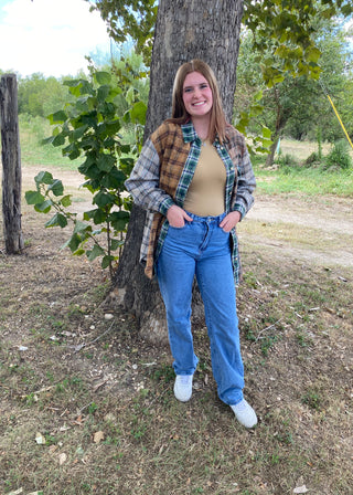 Mixed Plaid Button Front Top	Mixed plaid button front top – western-style shirt with blue, green, and brown plaid mix