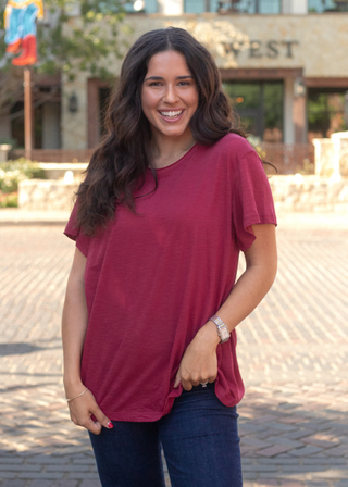 Basic Maroon Tee	Basic maroon tee – solid burgundy short sleeve women’s t-shirt with relaxed fit
