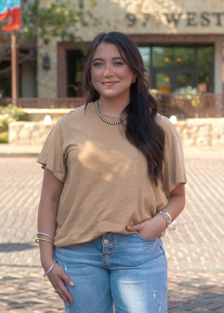 Basic Tan Tee	Basic tan tee – soft neutral tone women’s tee with crew neckline and simple style