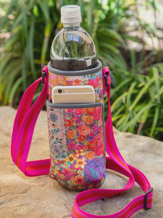 Floral-patterned water bottle holder with pink strap