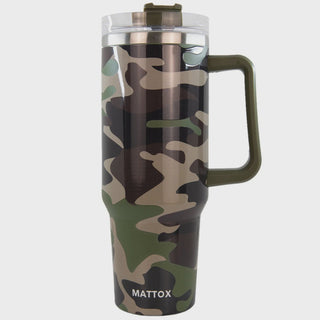 Camo 40oz Tumbler	Camo 40oz tumbler – insulated stainless steel travel mug with all-over camo print and easy-carry handle