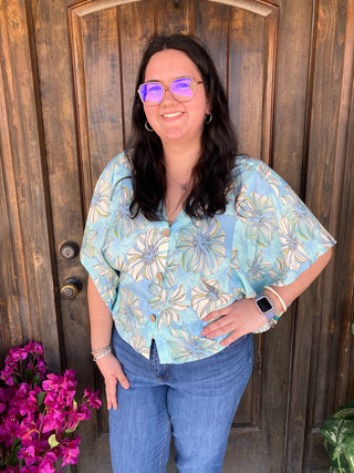 Pastel Tropical Button Down
Pastel tropical print button-down blouse for women – lightweight short sleeve resort-style top