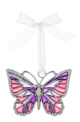 Butterfly ornament with pink and purple wings and 'Here's to new beginnings'