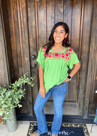 Stacey Top	Stacey top – short sleeve color block blouse in teal, navy, and rust tones