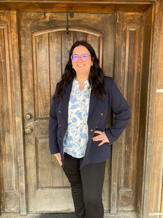 Power Blazer Navy – bold outerwear for trendy women, perfect for chilly days or dressing up any outfit.