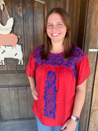 Chelsea Embroidered Top  Red and Royal