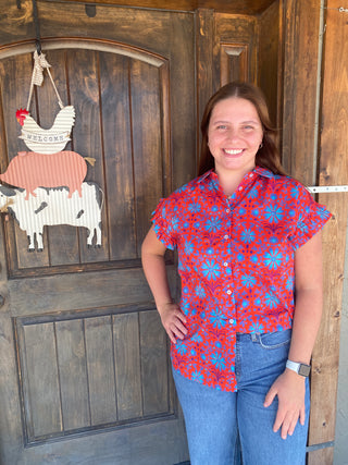 Button Down Top  Red  Blue Stevie top