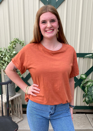 Basic Rust Tee	Basic rust tee – burnt orange short sleeve t-shirt with casual fit for everyday wear