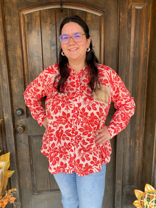 Red floral button up blouses with patchwork