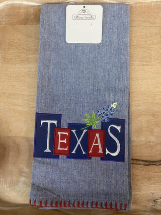 Texas Star Applique Towel	Texas Star applique towel – white towel with large star embroidery and blue gingham accent