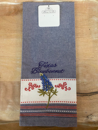 Texas Bluebonnet Embroidered Towel	Texas Bluebonnet embroidered towel – crisp white towel with detailed Texas bluebonnet design
