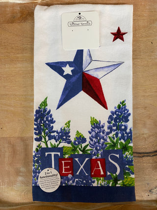 Texas Star Towel	Texas Star towel – cream cotton towel with stitched Texas star and red plaid trim