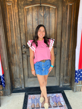 Pink Ruffle Sleeve Top	Pink ruffle sleeve blouse for women – ric rac trim detail and fluttery sleeves for summer boutique style