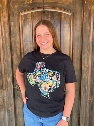 Texas Icons Tee - Our new Texas Icons Tee is everything you love about the Lone Star State — from bluebonnets and guitars to missions, boots, and a big “Howdy!”