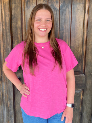 Basic Hot Pink Tee	Basic hot pink tee for women – bright short sleeve top with classic crew neckline