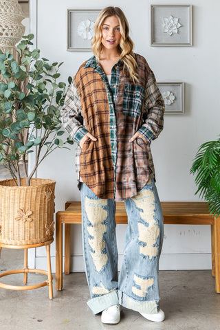 Mixed Plaid Button Front Top