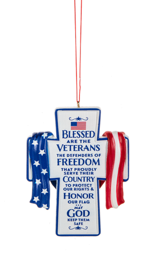 Decorative Veteran ornament with American flag design and text on a white cross