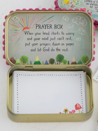 Prayer box with a lid featuring text and illustrations