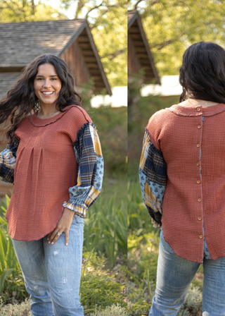 Tammy Plaid Top	Tammy plaid top – classic button down in red and cream plaid with rolled sleeves