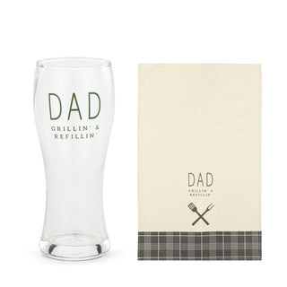 Dad Grillin' Pilsner Glass & Towel Set	Dad Grillin' pilsner glass & towel set – beer glass and towel gift set with grill-themed designs for dads