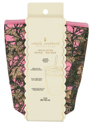 Insulated drink holder with pink and camouflage design on a white background