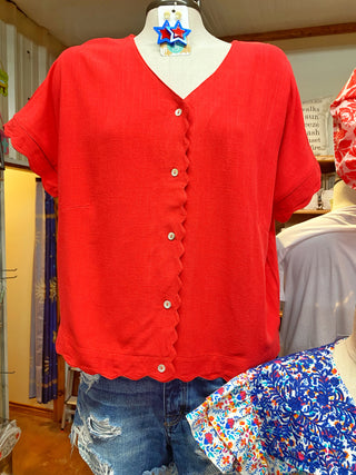Scallop Hem Linen Blend Top Red