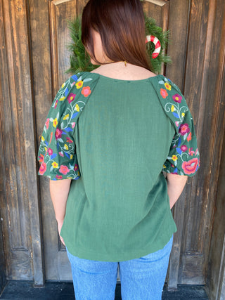 Forest Green Linen Blend Top