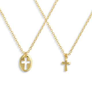 Two gold necklaces with cross pendants for sharing on a white background