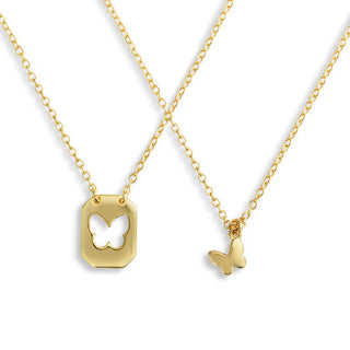 Two gold butterfly necklaces for sharing on a white background