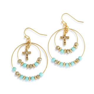 Gold hoop earrings with turquoise and beige beads 